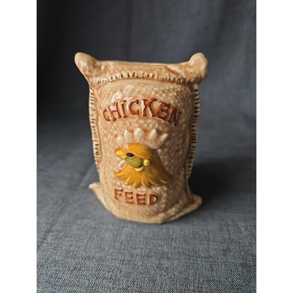 Vintage Chicken Feed Ceramic Sack Coin Bank Rooster Head Handpainted Cottagecore
